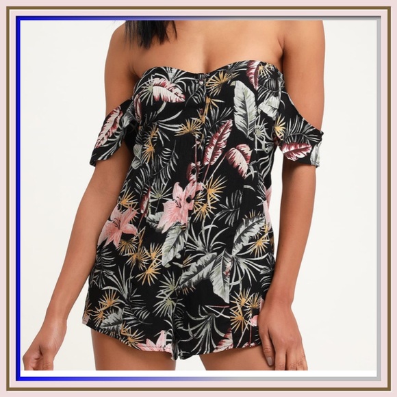 Libre Black Tropical Print Off The Shoulder Romper - Picture 2 of 3